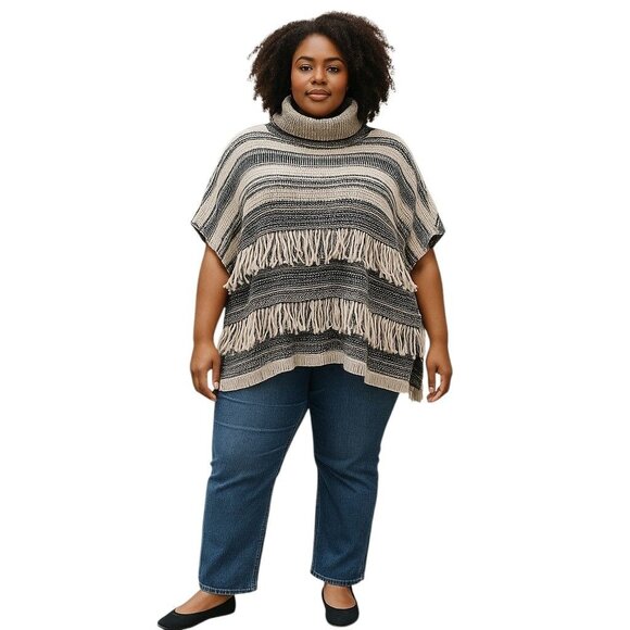 Linda Anderson Black Ivory Striped Knit Fringe Poncho Sweater One Size Cozy - Picture 5 of 9